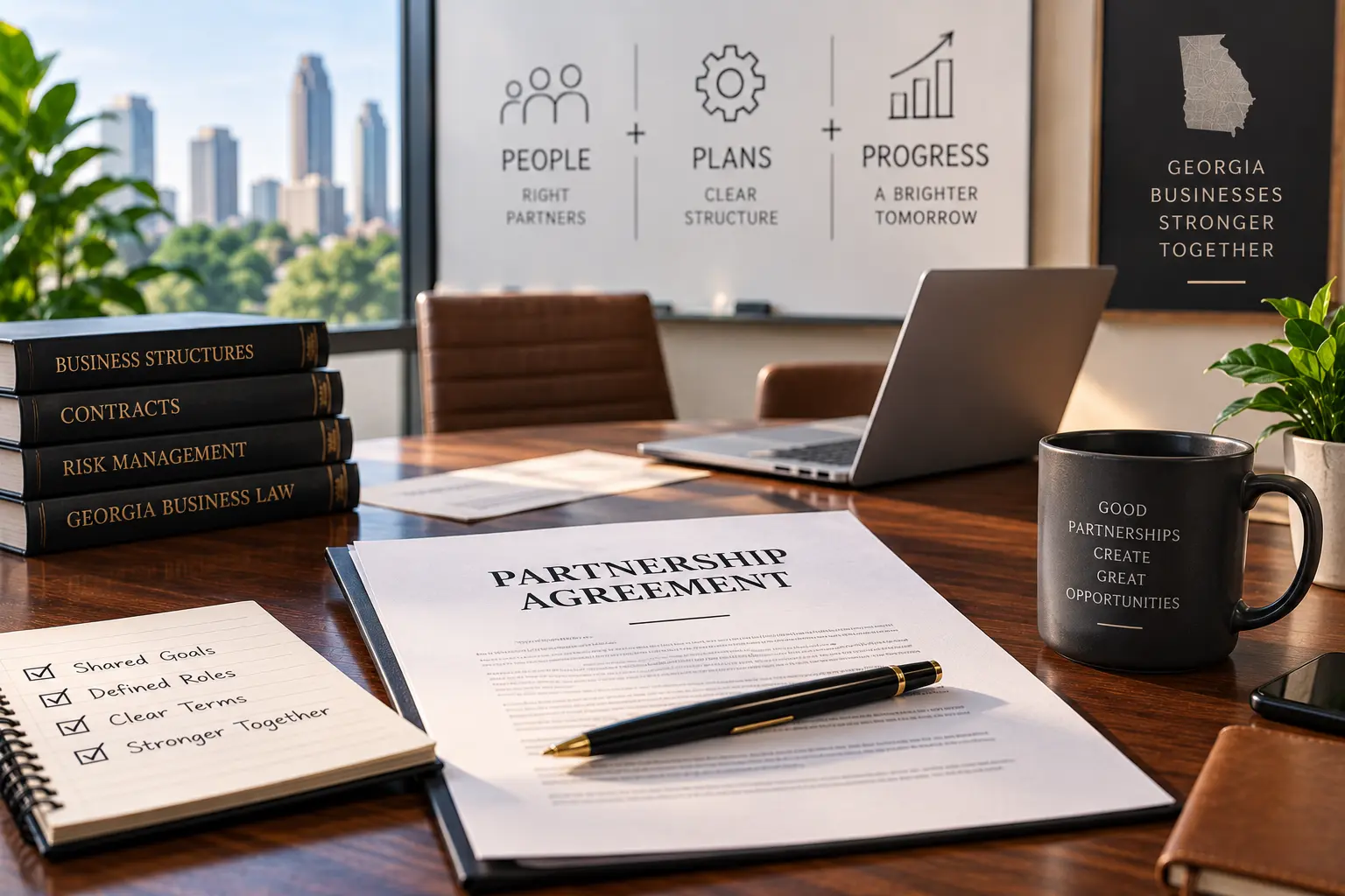 Business partnership agreement and planning documents in a Georgia law office